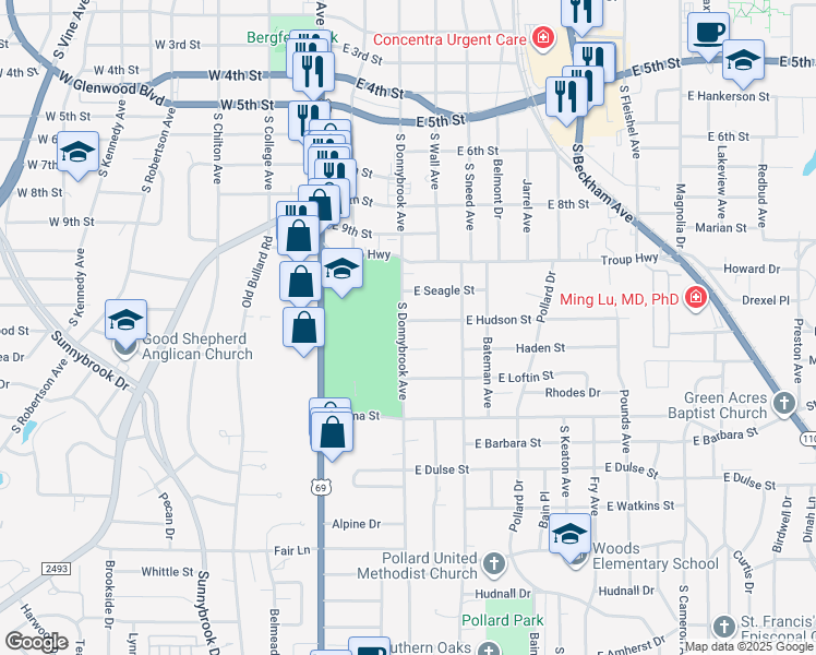 map of restaurants, bars, coffee shops, grocery stores, and more near 405 Hudson Street in Tyler