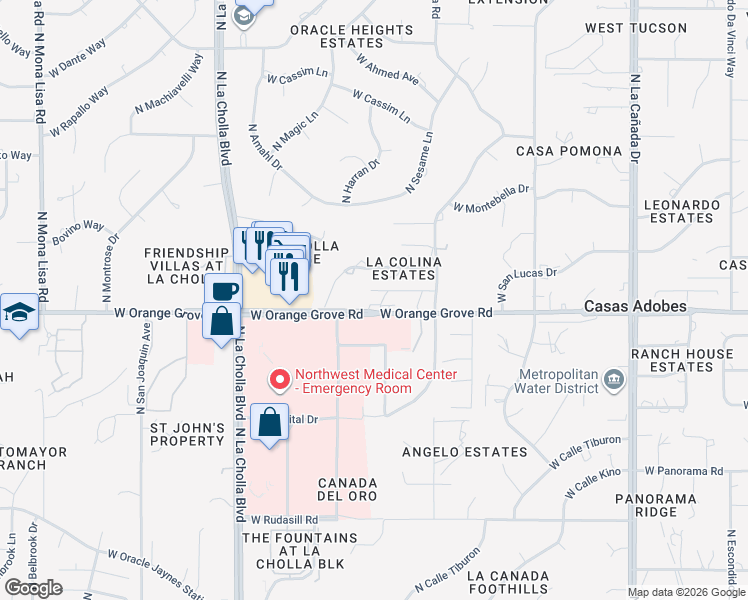 map of restaurants, bars, coffee shops, grocery stores, and more near 1870 West Orange Grove Road in Tucson