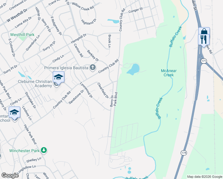map of restaurants, bars, coffee shops, grocery stores, and more near 1400 Berry Drive in Cleburne