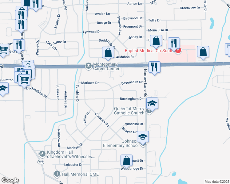 map of restaurants, bars, coffee shops, grocery stores, and more near 1311 Marlowe Drive in Montgomery