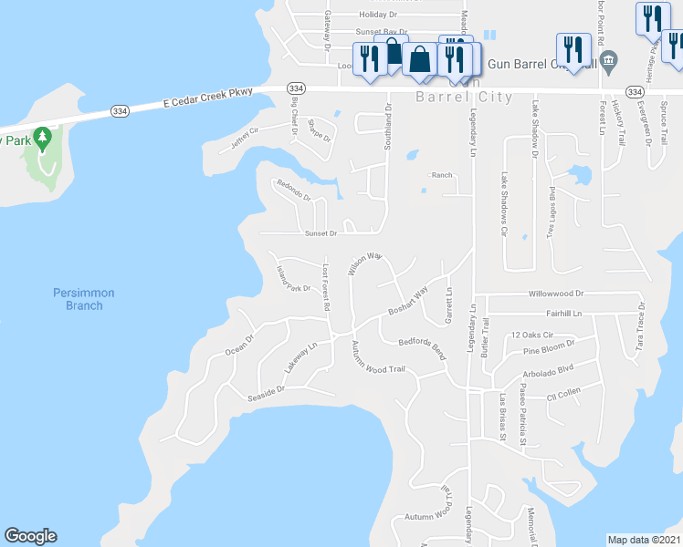 map of restaurants, bars, coffee shops, grocery stores, and more near 130 Wilson Way in Gun Barrel City