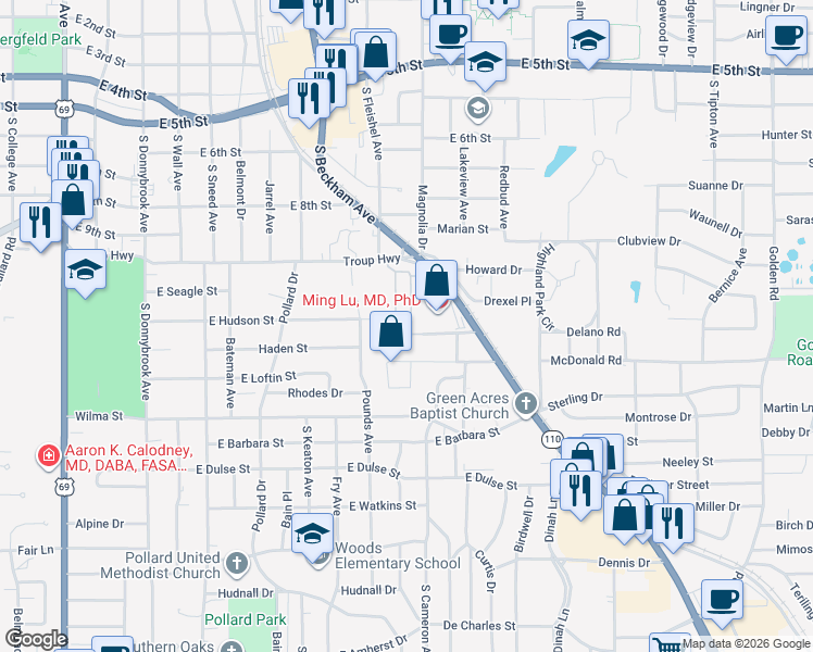 map of restaurants, bars, coffee shops, grocery stores, and more near 2418 Homestead Lane in Tyler