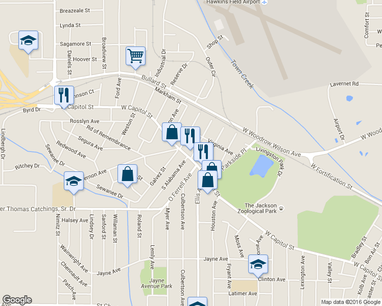 map of restaurants, bars, coffee shops, grocery stores, and more near 3430 West Capitol Street in Jackson