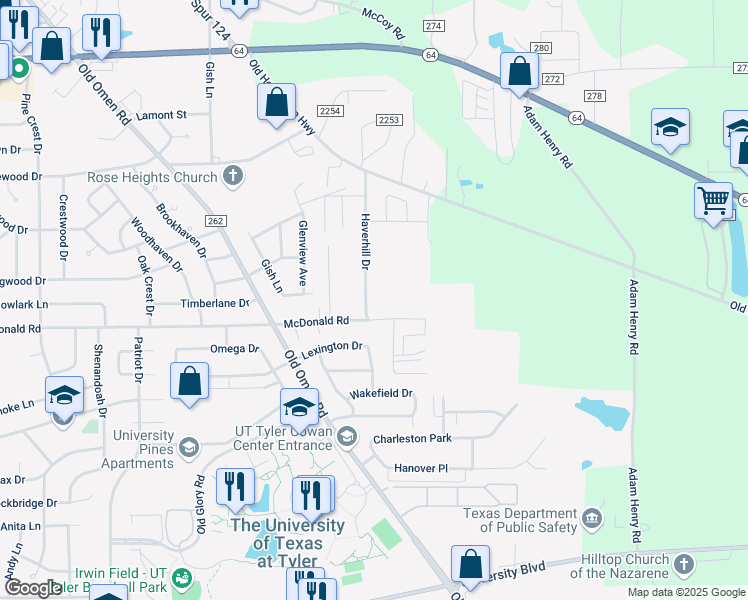 map of restaurants, bars, coffee shops, grocery stores, and more near 2438 Haverhill Drive in Tyler