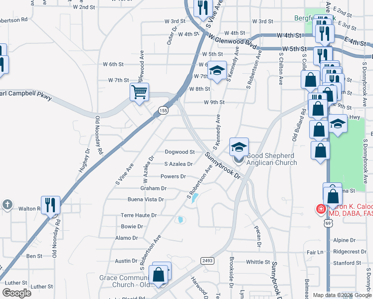 map of restaurants, bars, coffee shops, grocery stores, and more near 1107 Dogwood Street in Tyler