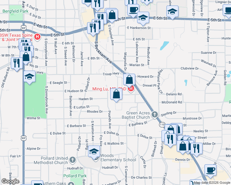 map of restaurants, bars, coffee shops, grocery stores, and more near 2418 Homestead Lane in Tyler