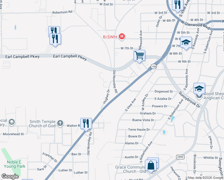 map of restaurants, bars, coffee shops, grocery stores, and more near 2408 Old Noonday Road in Tyler