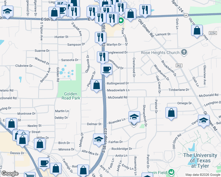 map of restaurants, bars, coffee shops, grocery stores, and more near 2716 Meadowlark Lane in Tyler
