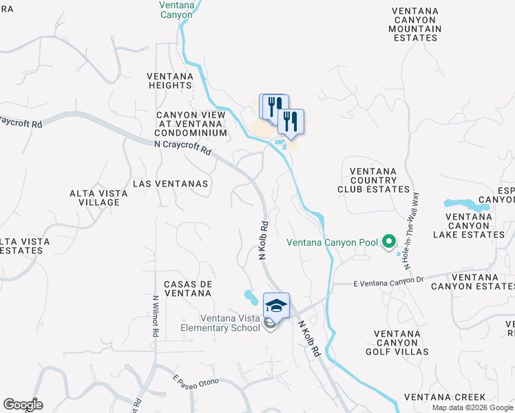 map of restaurants, bars, coffee shops, grocery stores, and more near 6595 East Celsian Place in Tucson