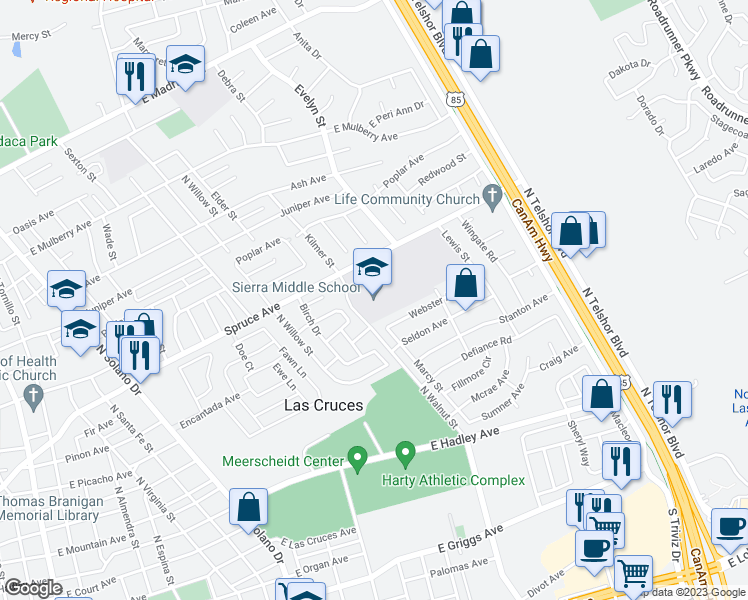 map of restaurants, bars, coffee shops, grocery stores, and more near 1700 Spruce Avenue in Las Cruces