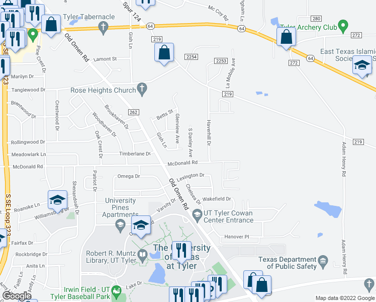 map of restaurants, bars, coffee shops, grocery stores, and more near 2401 Danley Avenue in Tyler