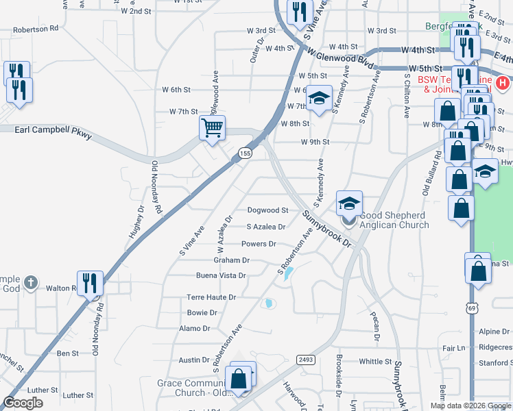 map of restaurants, bars, coffee shops, grocery stores, and more near 1211 Dogwood Street in Tyler