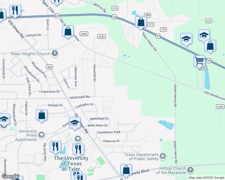 map of restaurants, bars, coffee shops, grocery stores, and more near 3990 McDonald Road in Tyler