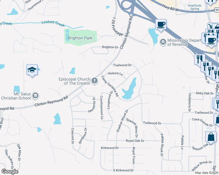 map of restaurants, bars, coffee shops, grocery stores, and more near 137 Countrywood Circle in Clinton