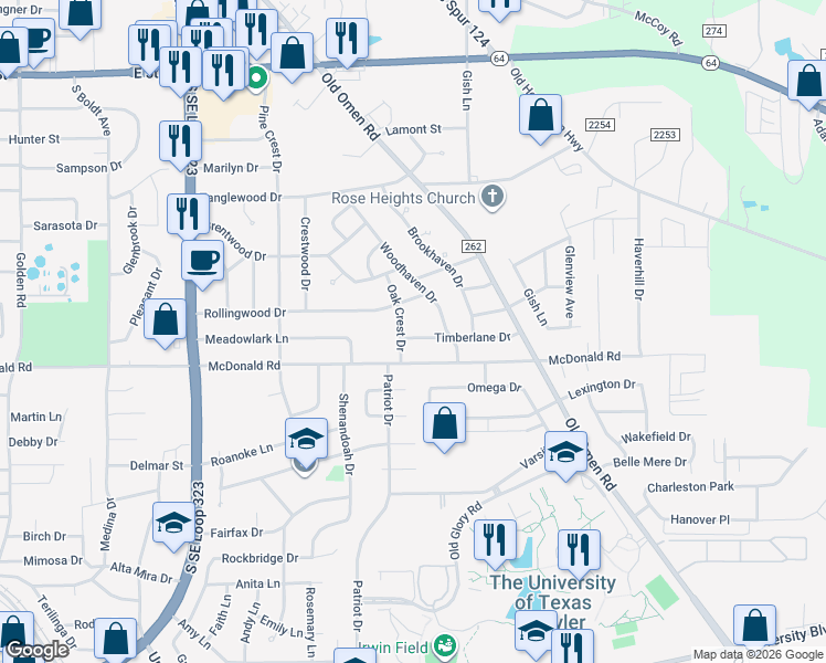 map of restaurants, bars, coffee shops, grocery stores, and more near 3204 Timberlane Drive in Tyler