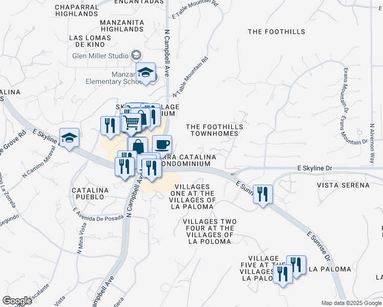 map of restaurants, bars, coffee shops, grocery stores, and more near 6414 North Tierra De Las Catalinas in Tucson