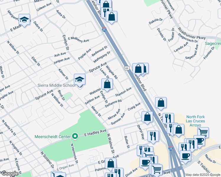map of restaurants, bars, coffee shops, grocery stores, and more near 1874 Seldon Avenue in Las Cruces