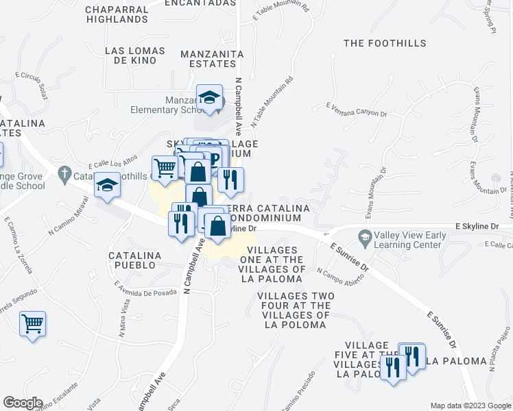 map of restaurants, bars, coffee shops, grocery stores, and more near 6445 North Tierra De Las Catalinas in Tucson
