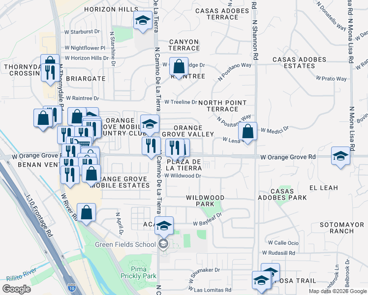 map of restaurants, bars, coffee shops, grocery stores, and more near 3202 West Orange Grove Road in Tucson