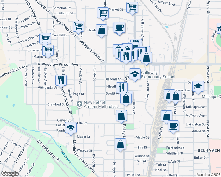 map of restaurants, bars, coffee shops, grocery stores, and more near 364 Dewitt Avenue in Jackson