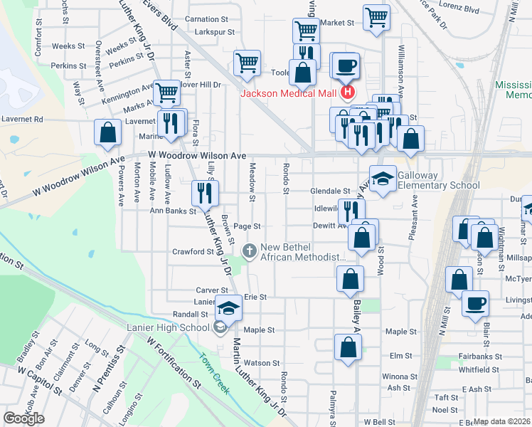 map of restaurants, bars, coffee shops, grocery stores, and more near 2410 Woodlawn Street in Jackson