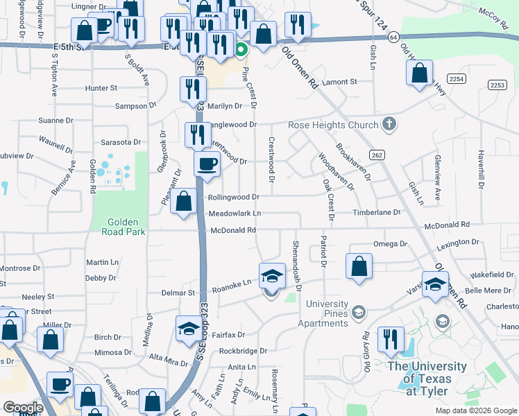 map of restaurants, bars, coffee shops, grocery stores, and more near 2909 Meadowlark Lane in Tyler
