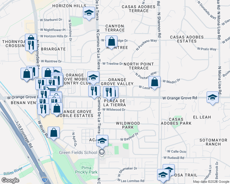 map of restaurants, bars, coffee shops, grocery stores, and more near 3202 West Orange Grove Road in Tucson