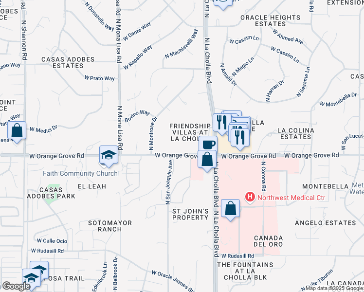 map of restaurants, bars, coffee shops, grocery stores, and more near 2260 West Orange Grove Road in Tucson