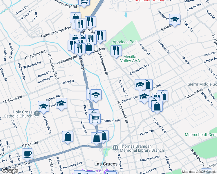 map of restaurants, bars, coffee shops, grocery stores, and more near 1517 N Mesquite St in Las Cruces