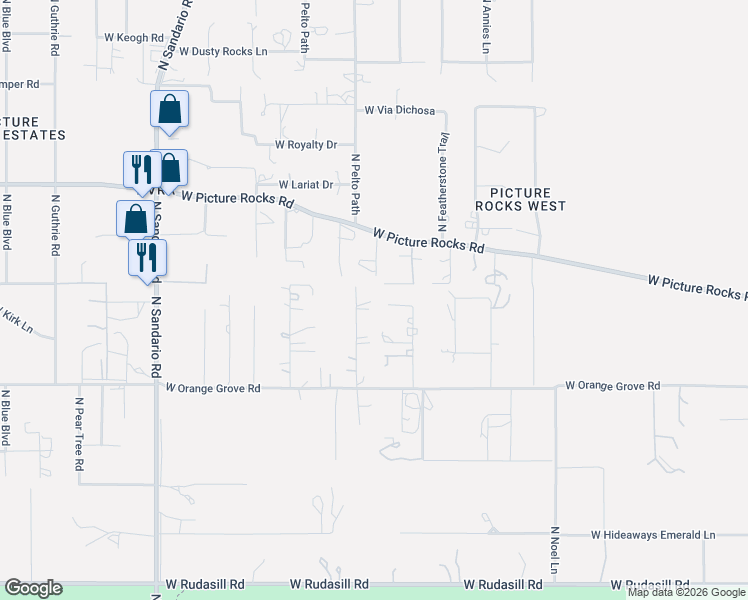 map of restaurants, bars, coffee shops, grocery stores, and more near 6550 North Pelto Path in Tucson