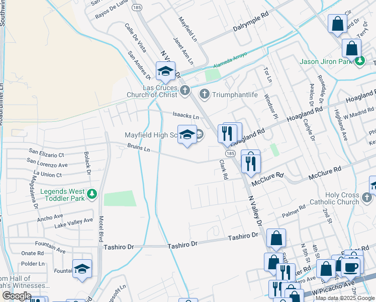 map of restaurants, bars, coffee shops, grocery stores, and more near 1955 North Valley Drive in Las Cruces