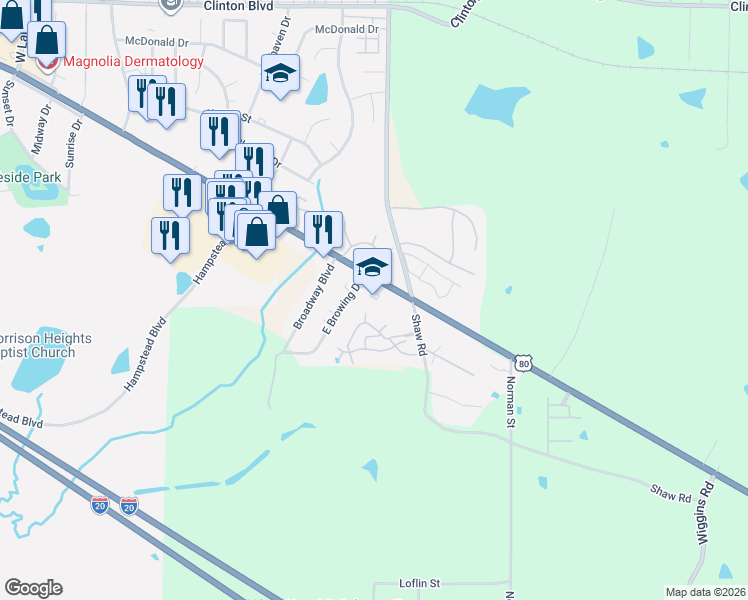 map of restaurants, bars, coffee shops, grocery stores, and more near 5835 U.S. 80 in Jackson