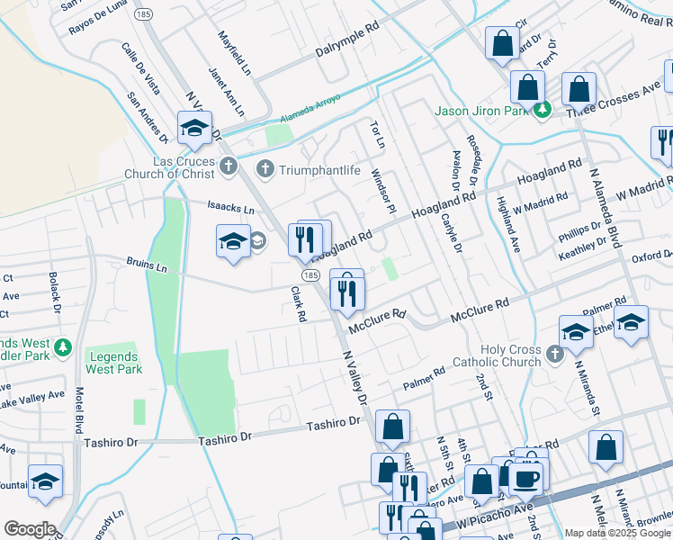map of restaurants, bars, coffee shops, grocery stores, and more near 1921 Embassy Drive in Las Cruces