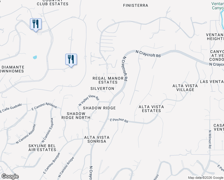 map of restaurants, bars, coffee shops, grocery stores, and more near 6430 North Silver Smith Place in Tucson