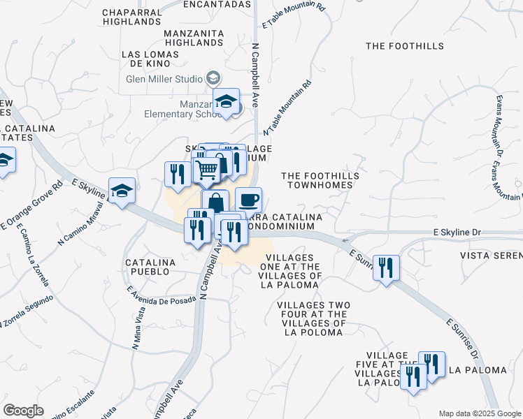 map of restaurants, bars, coffee shops, grocery stores, and more near 6445 North Tierra De Las Catalinas in Tucson