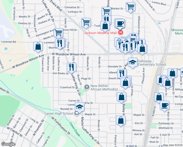 map of restaurants, bars, coffee shops, grocery stores, and more near 2410 Woodlawn Street in Jackson