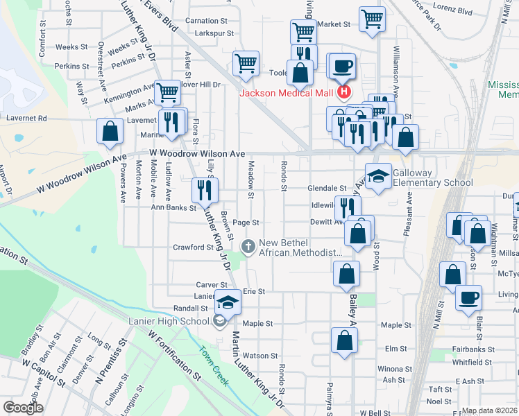 map of restaurants, bars, coffee shops, grocery stores, and more near 2410 Woodlawn Street in Jackson