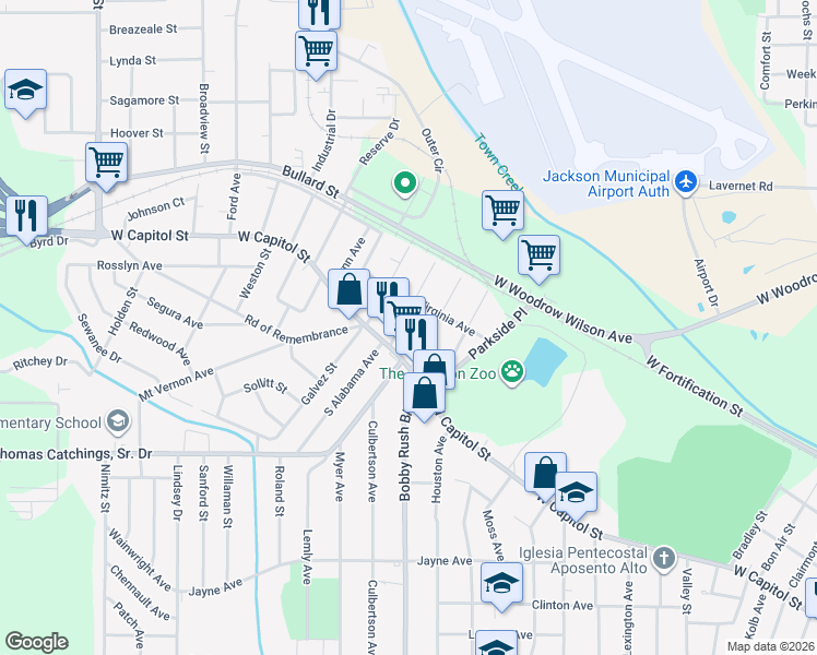 map of restaurants, bars, coffee shops, grocery stores, and more near 120 North Alabama Avenue in Jackson
