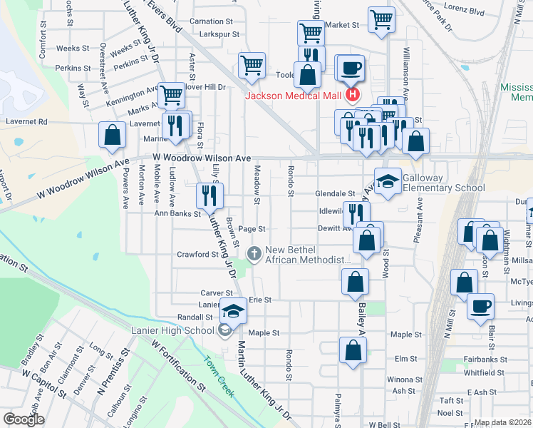map of restaurants, bars, coffee shops, grocery stores, and more near 2410 Woodlawn Street in Jackson