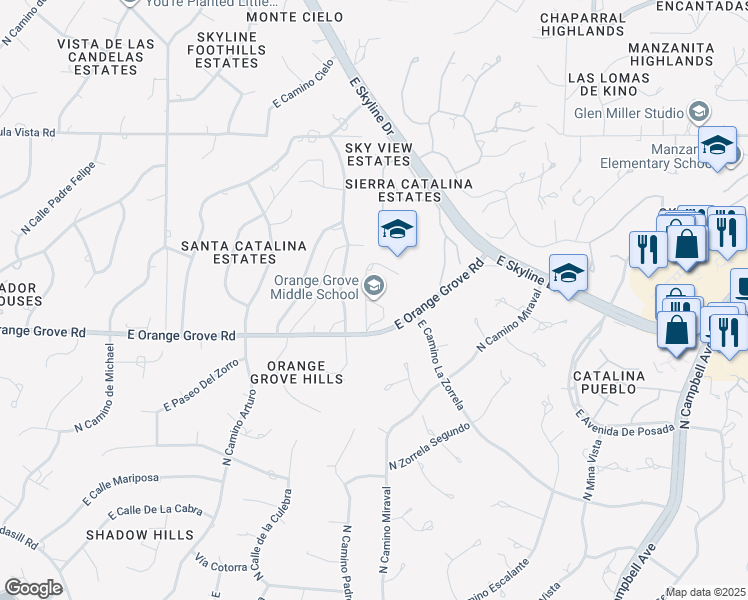 map of restaurants, bars, coffee shops, grocery stores, and more near 1911 East Orange Grove Road in Tucson