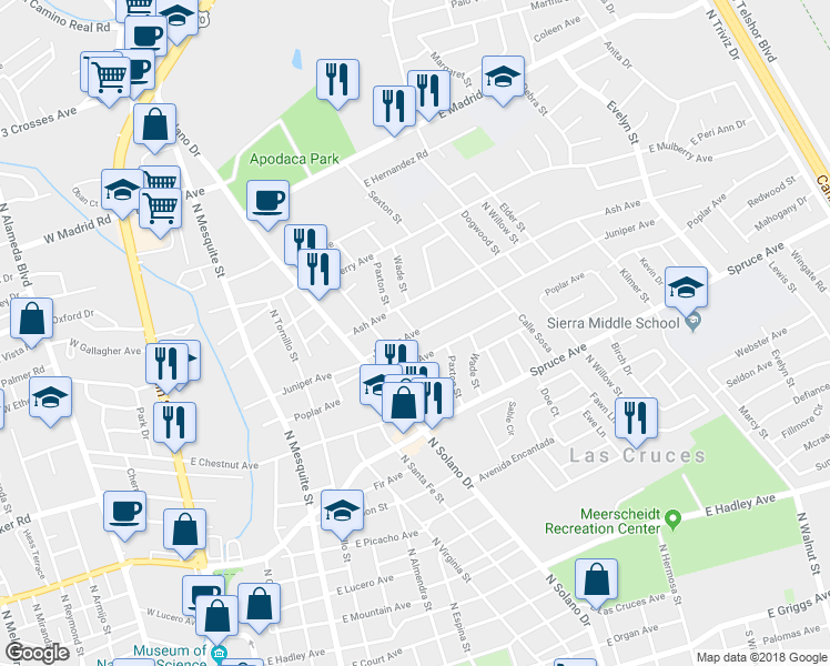 map of restaurants, bars, coffee shops, grocery stores, and more near Paxton Street in Las Cruces