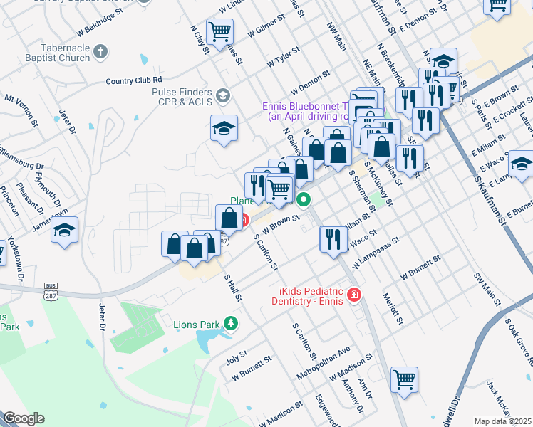 map of restaurants, bars, coffee shops, grocery stores, and more near 807 W Ennis Ave in Ennis