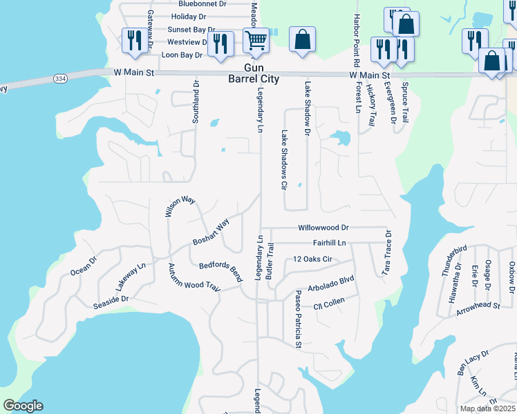 map of restaurants, bars, coffee shops, grocery stores, and more near 301 Legendary Lane in Gun Barrel City