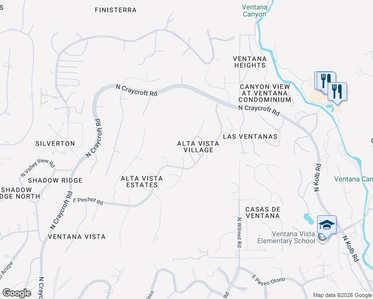 map of restaurants, bars, coffee shops, grocery stores, and more near 6112 East Avenida De Kira in Tucson