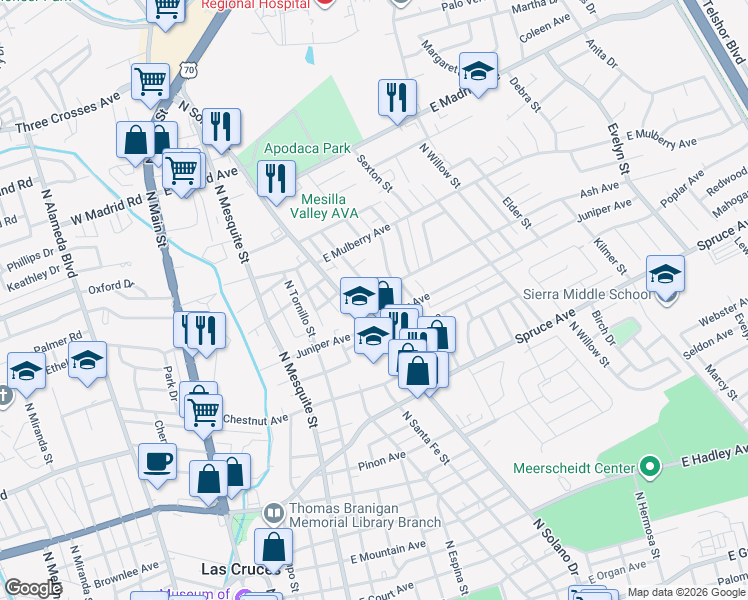 map of restaurants, bars, coffee shops, grocery stores, and more near 1533 Sacramento Street in Las Cruces