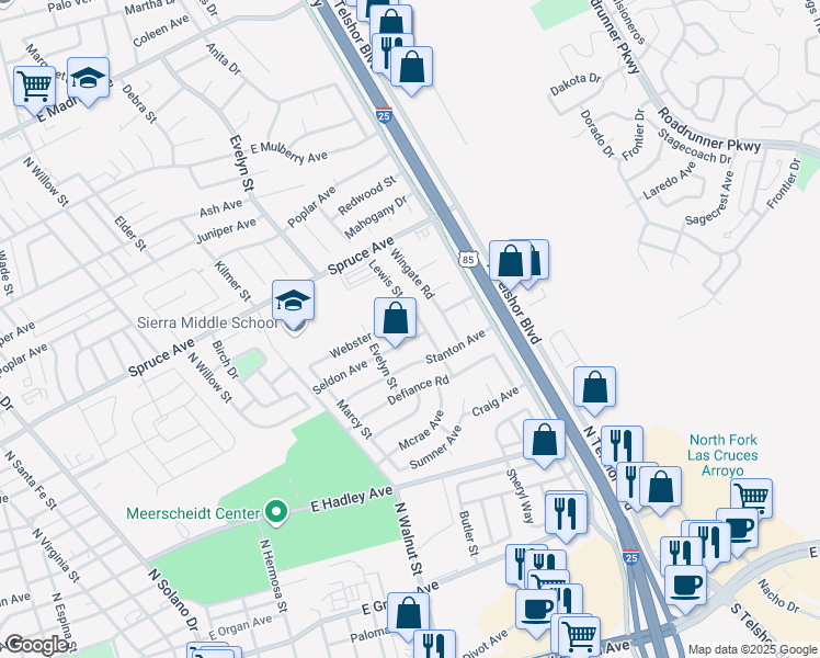 map of restaurants, bars, coffee shops, grocery stores, and more near 1850 Webster Avenue in Las Cruces