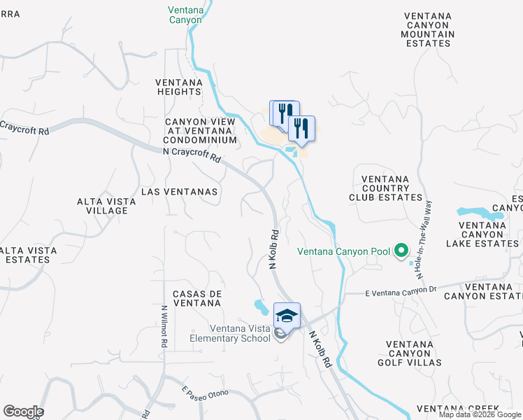 map of restaurants, bars, coffee shops, grocery stores, and more near 6595 East Celsian Place in Tucson