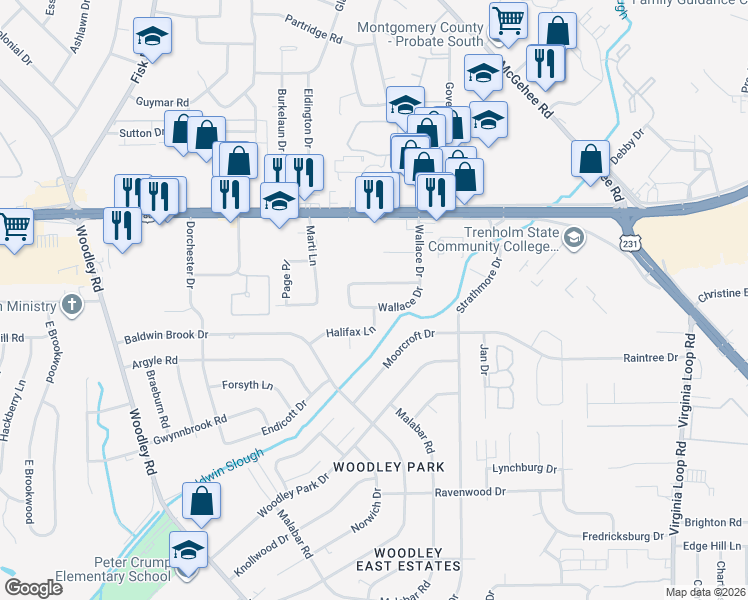 map of restaurants, bars, coffee shops, grocery stores, and more near 2748 South Wallace Drive in Montgomery