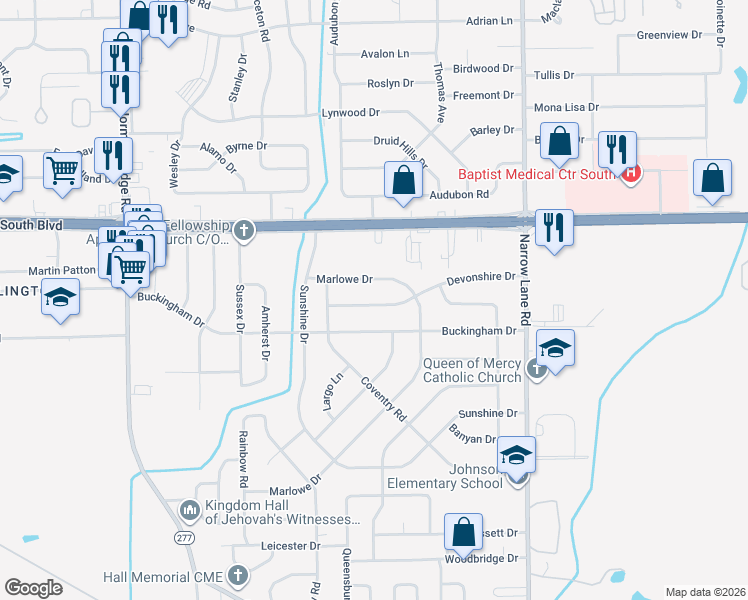 map of restaurants, bars, coffee shops, grocery stores, and more near 1126 Devonshire Drive in Montgomery