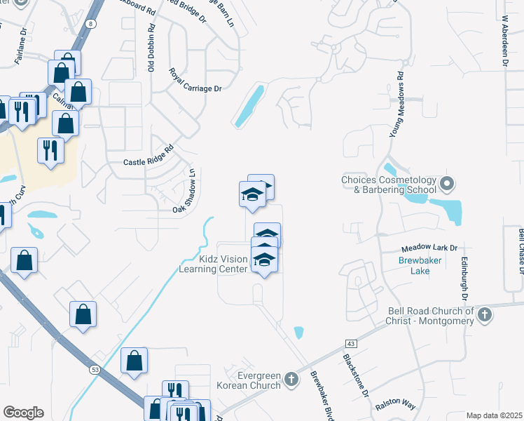 map of restaurants, bars, coffee shops, grocery stores, and more near 4405 Brewbaker Drive in Montgomery